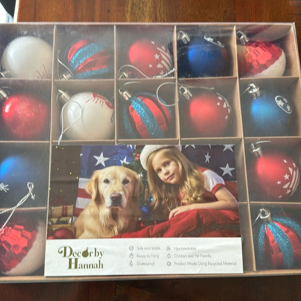 NIB Decor by Hannah Patriotic Ornament Set 20 count  60mm 4th Of July